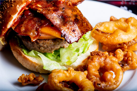 Smoky Atomic Western Bacon Cheeseburger with Onion Rings